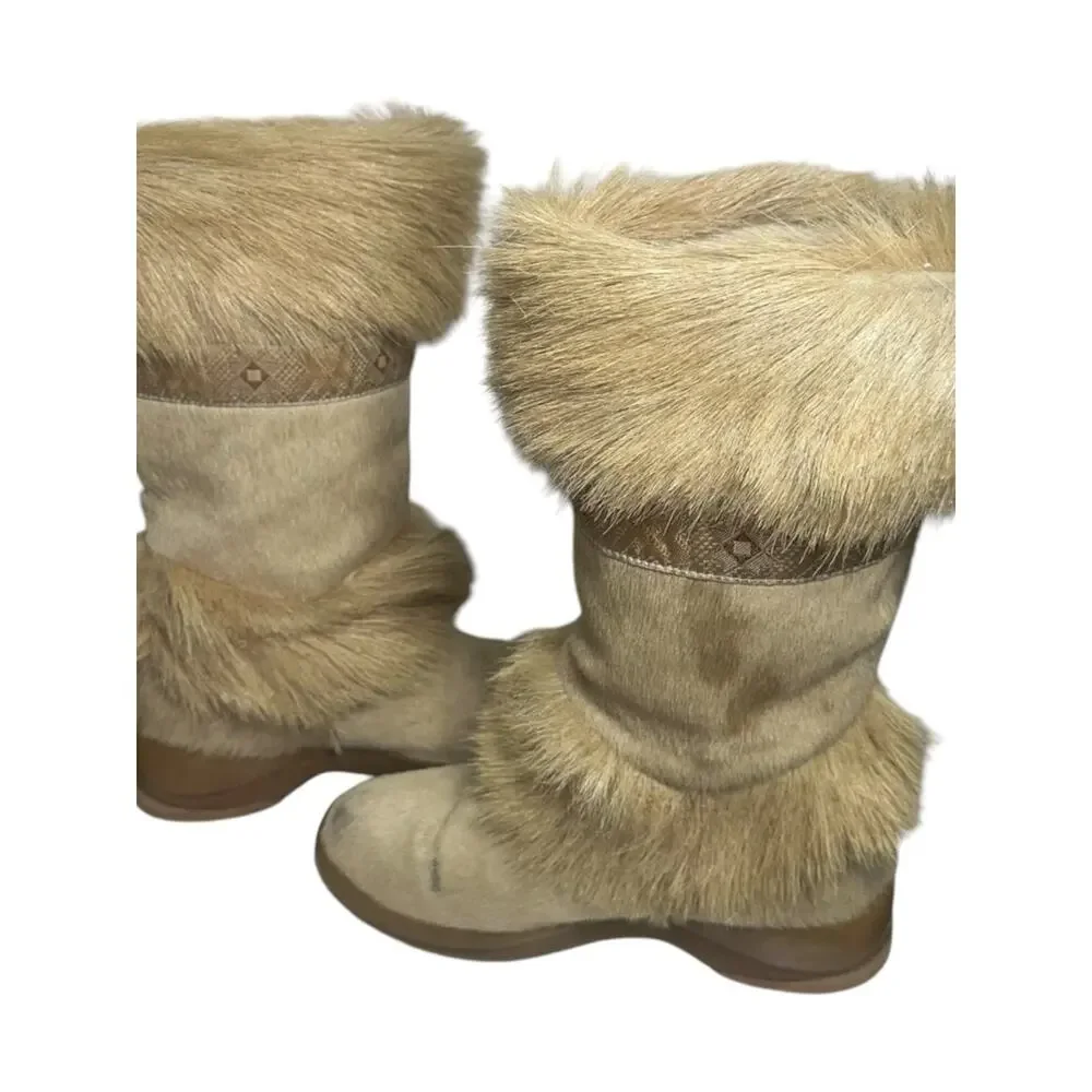 Tecnica Vintage 1973 Sz 7.5 Tan Skandia Pony Hair Fur Trim Mid Calf Winter Boots
